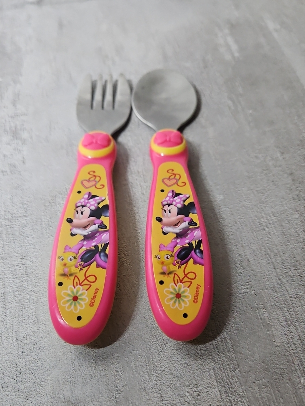 Disney Minnie Mouse Easy Grasp Fork & Spoon Set featuring colorful pink handles